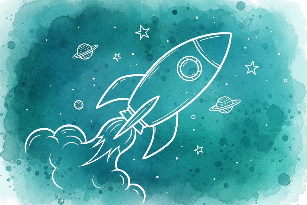 Eine weiße Strichzeichnung einer Rakete fliegt vor einem türkisfarbenen Aquarellhintergrund mit Sternen und Planeten durch das Weltall.