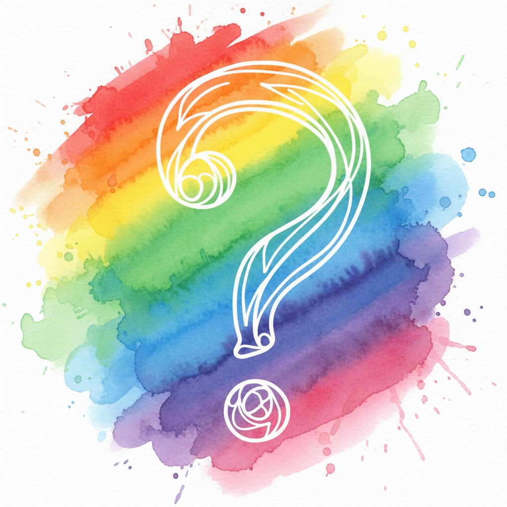 Ein weiß gezeichnetes Fragezeichen liegt vor einem bunten, kreisförmigen Hintergrund aus Aquarellfarben in Regenbogenfarben.